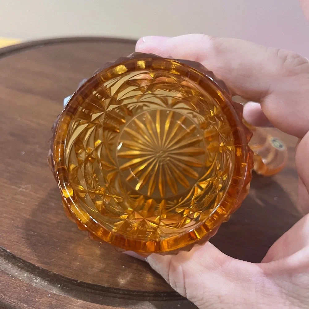 Vtg Westmoreland Amber Glass Jelly Jar Daisy Button Notched Lid MCM Jam Pot 4